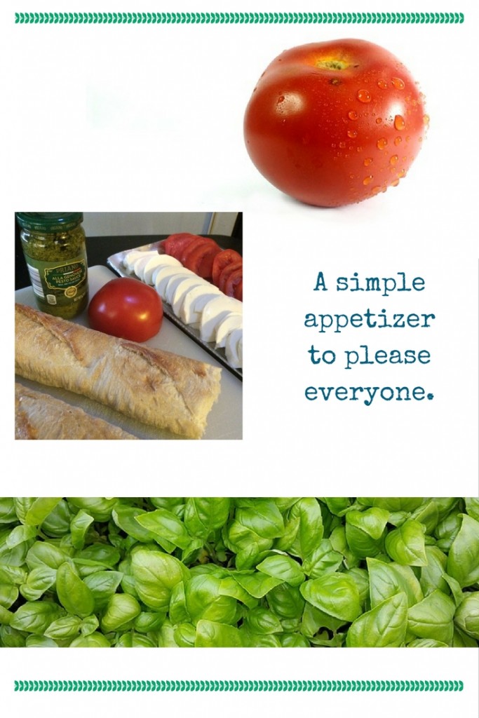 A simple appetizer to please everyone - slice some tomatoes and fresh mozarella - add pesto, olive oil and balsamic vinegar - pair it all with a great baguette - so easy and simple